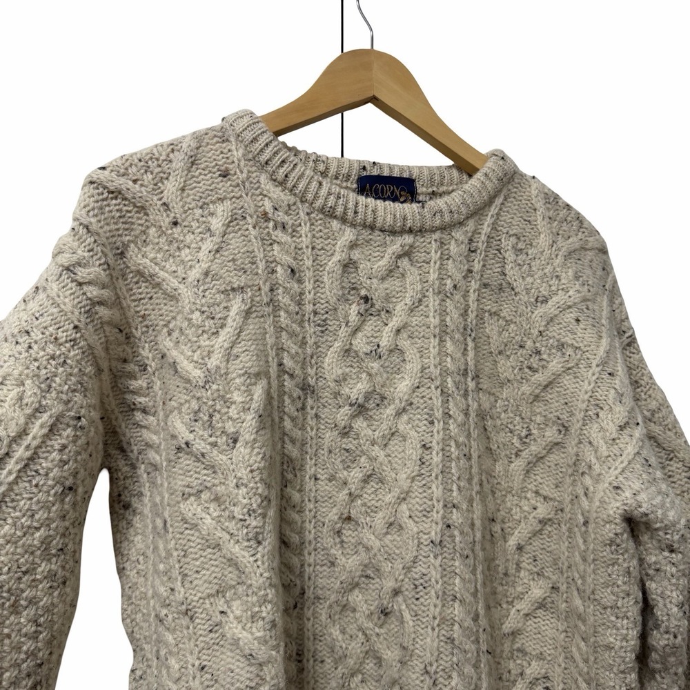 Vintage Acorn Heavy British Wool Cable Knit Fisherman Sweater Size M Off‎ White - Picture 2 of 10